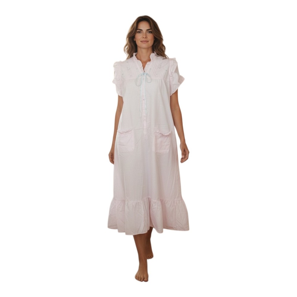 True Colors Women's Sm Light Pink Cotton Prairie  Embroidered Ruffles Nightgown